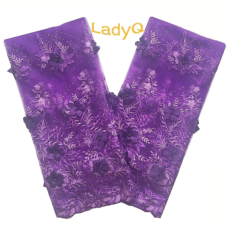

LadyQ Purple French Net Lace Fabric 3D Lace Fabric 2018 High Quality Laces Nigerian Tulle Applique Beaded African Lace Fabric