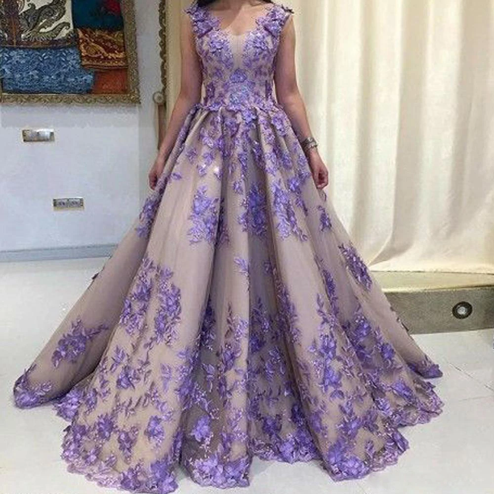 Purple Prom Dresses 2019 Lace V Neck Appliques Ball Gown Floor Length Evening Dresses Arabic Women Formal Dresses Gowns 199