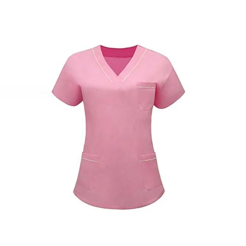 Women's Fashion Medical Uniforms Pure Cotton Color Blocking V Neck Side Vent Shirt or Trousers with Elastic Waist and Drawstring