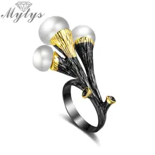Mytys, Винтажное кольцо с цветком и жемчужиной для женщин, черный пистолет, ретро, массивное кольцо, антикварное ювелирное изделие, новое готическое модное кольцо R2138