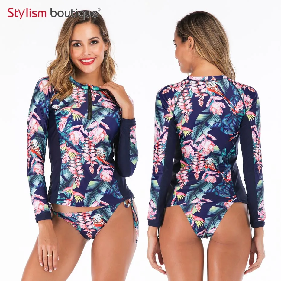 New Rashguard Padded Long Sleeve Swimsuit Surfing Rash Guard Women Two Piece Swimwear Separate Tankini Sport Bathing Suit