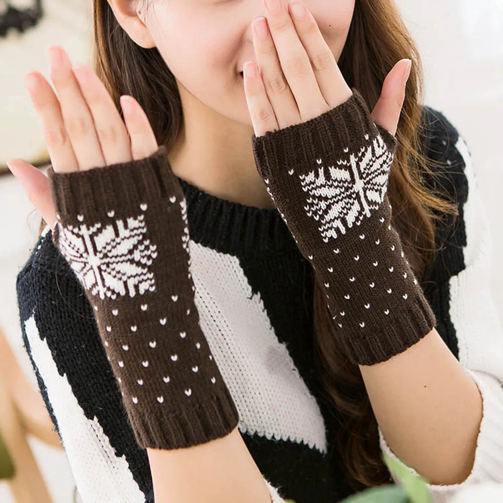 Зимние теплые Снежинка перчатки без пальцев, митенки перчатки без пальцев для Для женщин девочек Утепленная одежда трикотажные наручные