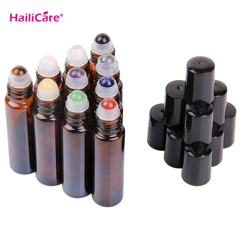 

10pcs 10ml Amber Glass Gemstone Roller Bottle for Essential Oil Amber Brown Roll On Bottles Aromatherapy Crystall Perfume Tube