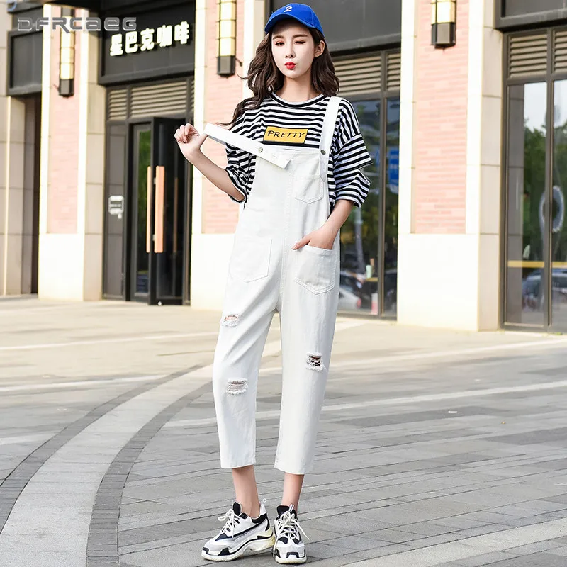 

Candy Color Loose Hole Denim Jumpsuits Women 2018 Fall Casual Strapless Suspenders Romper Ladies'Jeans Pants Overalls Female