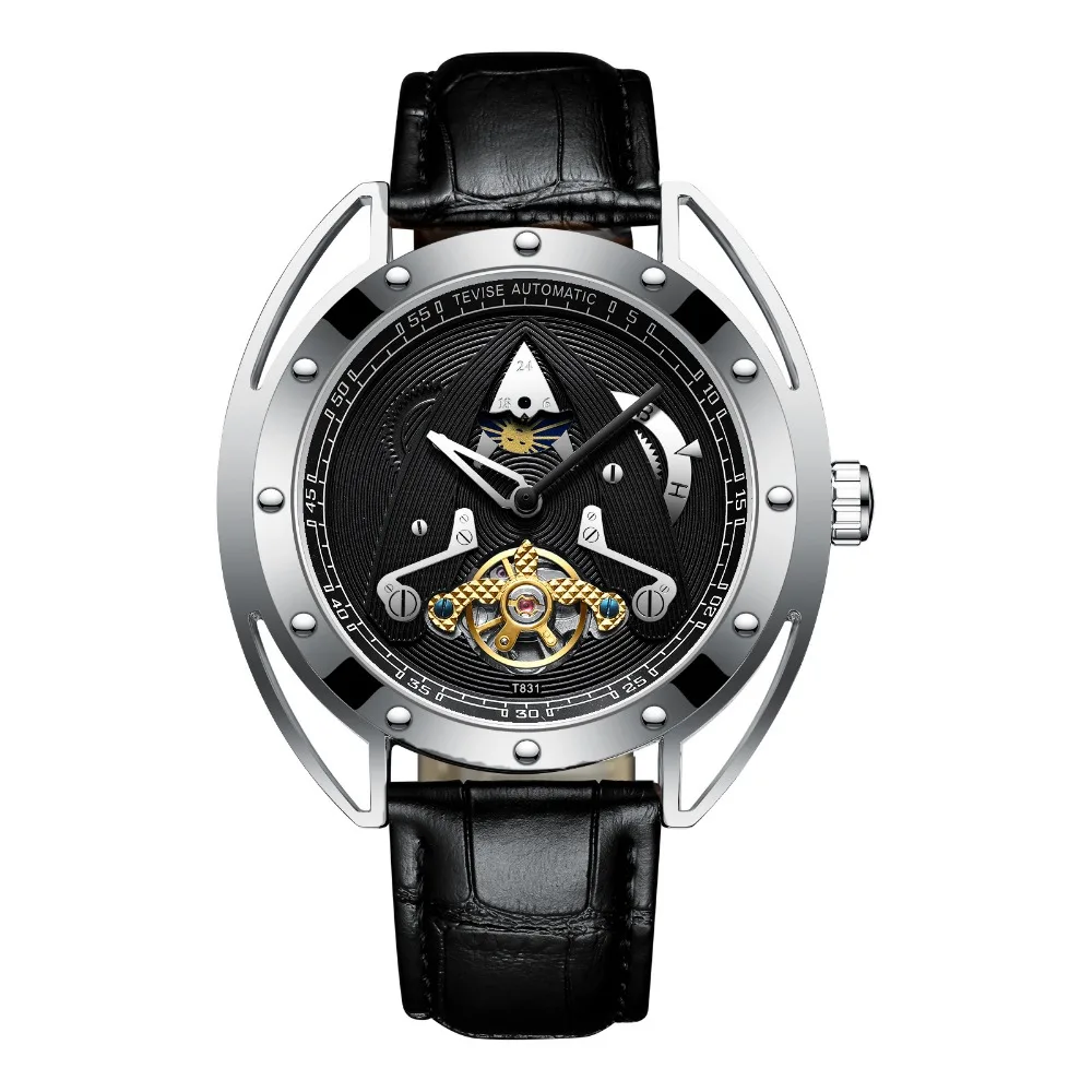 Модные мужские брендовые автоматические механические часы Tevise с кожаным ремешком Tourbillon Moon Phase, спортивные часы Relogio Masculino - Цвет: black silver