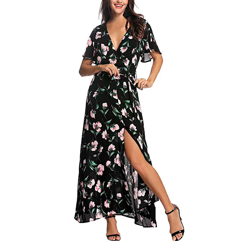 

Sexy Hight Split Floral Print Sundress Women V-Neck Short Sleeve Maxi Dress Ladies Summer Long Dress Vetement Femme 2019