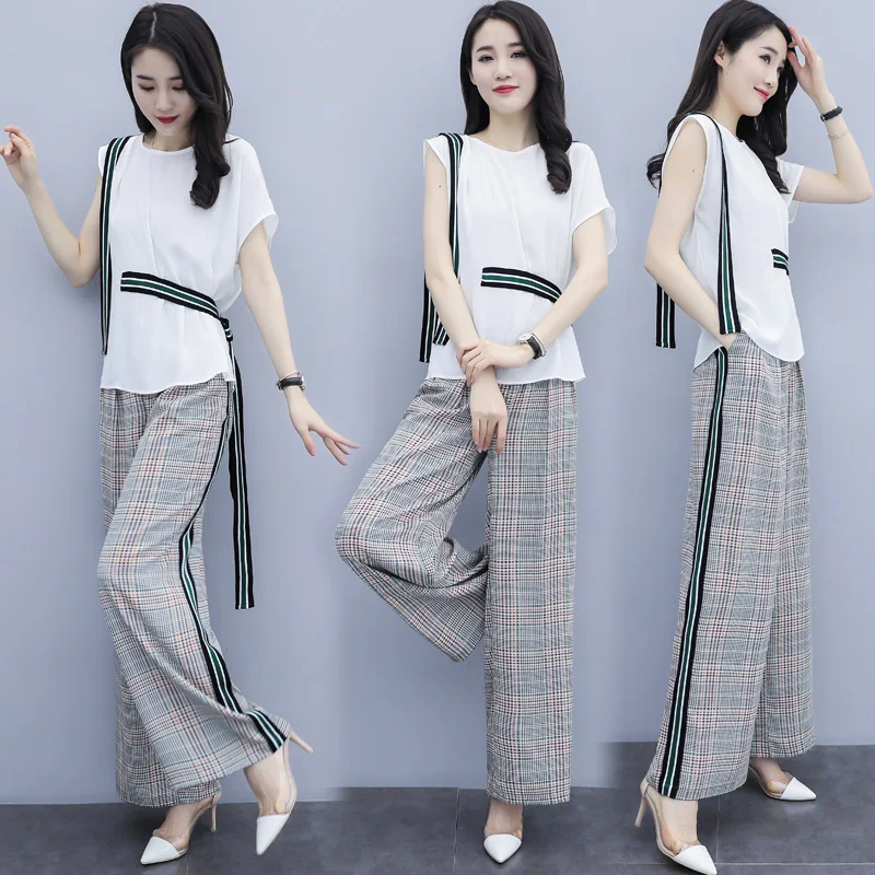 Plaid Women's Summer Suit Office Lady Ensemble Femme Deux Pieces Top&pants Set Year-old Female Costume Conjunto Feminino Ukraine