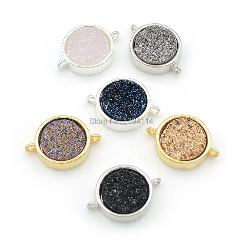 

10mm 12mm Titanium Coated Agate Druzy Round Connector With Gluing Setting Of Plating Silver Or Gold