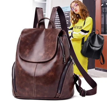 

[HIMUNU] Vintage PU Female Leather Backpack Leisure Travel Waterproof Youth Backpacks For Teenage Girls Female School Backpack