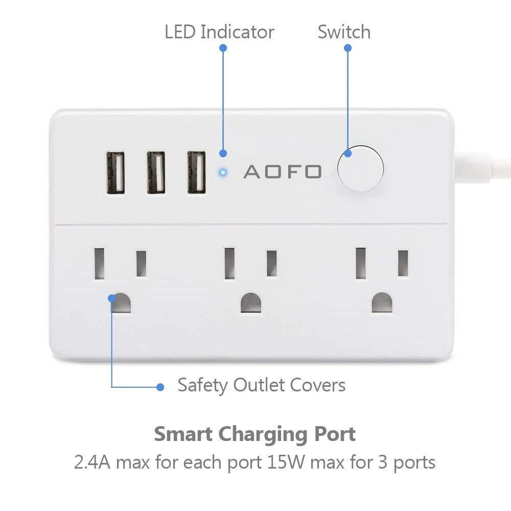 portable power strip with 3 outlet surge protector and 3 USB charging ports for bedside table, desktop, home, office, travel