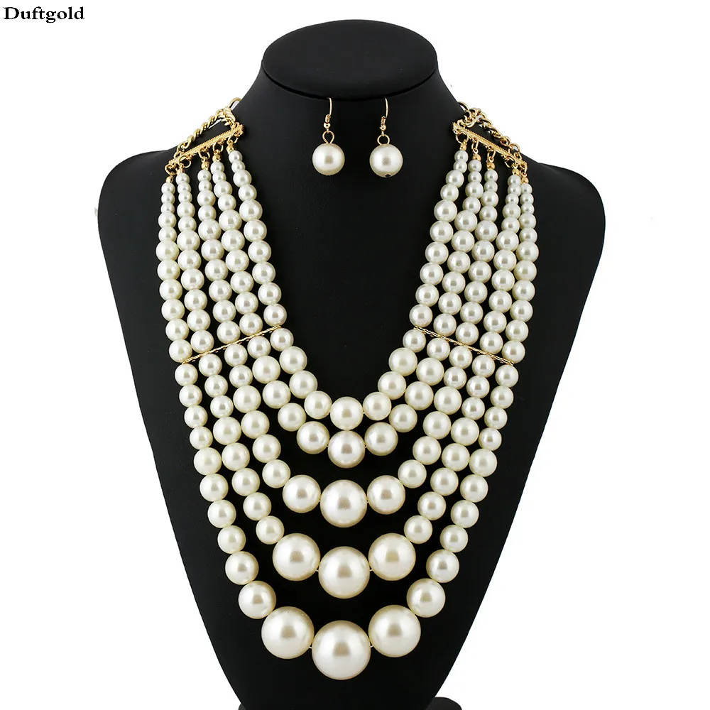 Luxury Multi Strand Statement Pearl Necklace Earring Jewelry Sets New