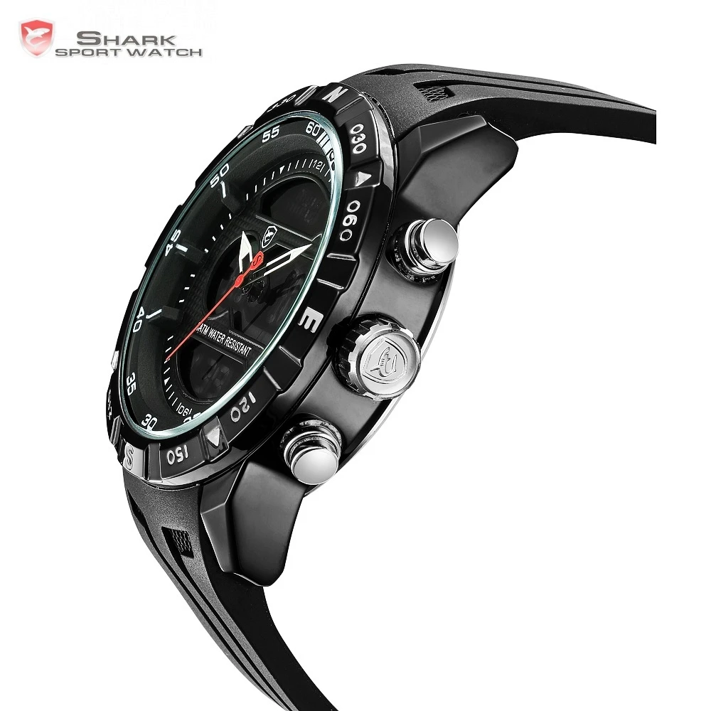 Hooktooth SHARK Alarm Auto Date Cool Men Clock Black Silicone Strap Band Analog Digital Display Chronograph Sport Watches /SH597