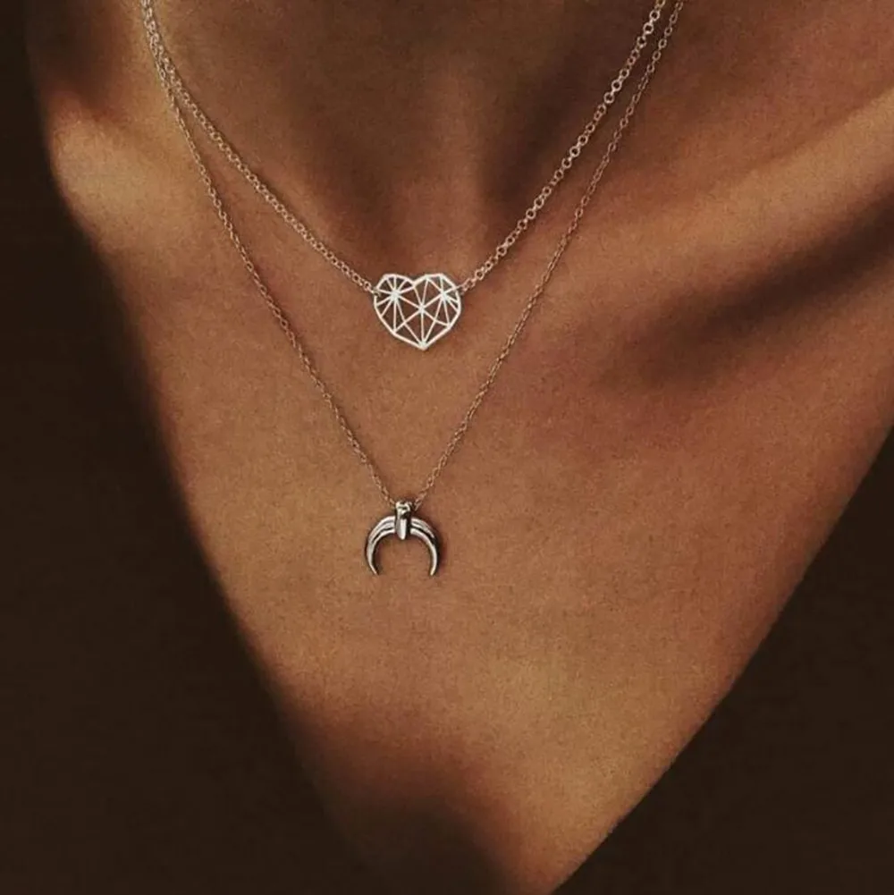 

SHOWTIENDA stainless steel jewelry Stylish and simple wild necklace Necklace hollow love heart-shaped moon pendant Leisure