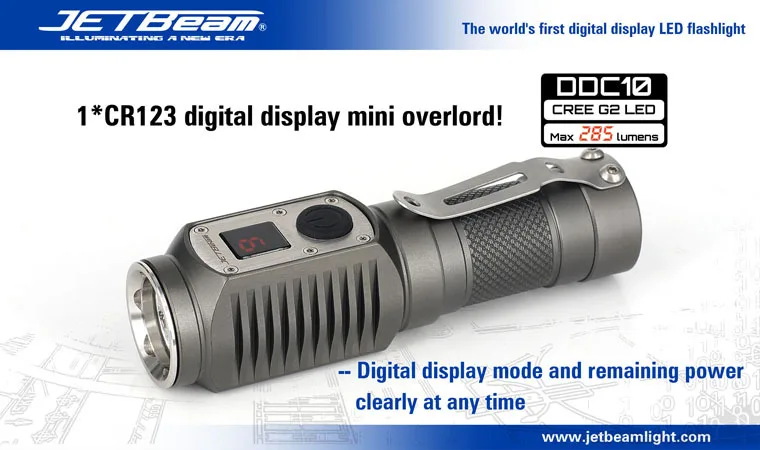 

1PC JETBeam DDC10 Flashlight Digital Display 285 Lumen Cree G2 LED 285 Lumen Waterproof LED Flashlight Torch 1*CR123