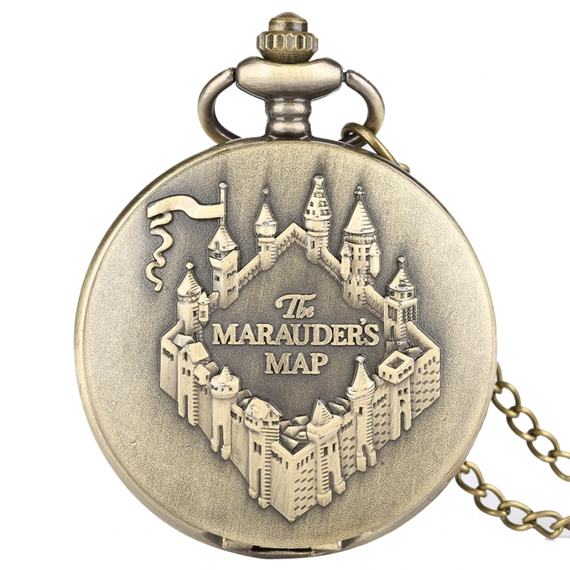 

The Marauders Map Necklace Copper Quartz Pocket Watch Pendant Clock Round Dial Analog Chain Retro Bronze Hour Gift for Men Women