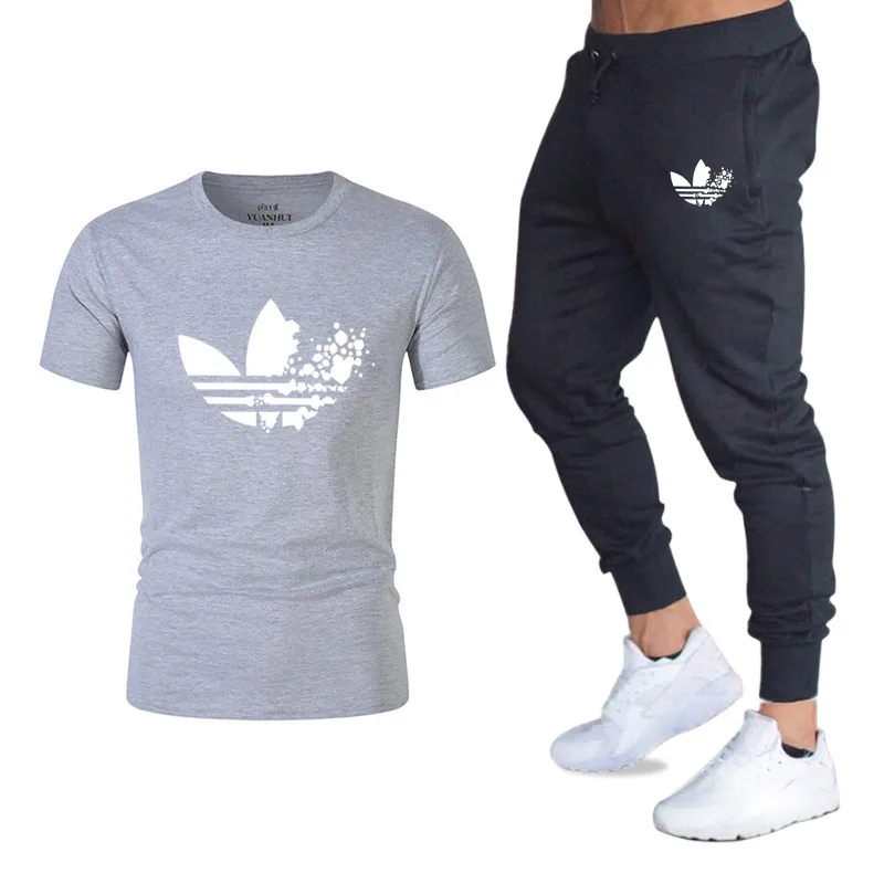 ADI Summer Hot Sale Men's Sets T Shirts+pants Two Pieces Sets Casual Tracksuit Male 2019 Casual Tshirt Gyms Fitness trousers men