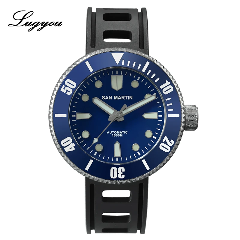 

LUGYOU San Martin Automatic Diver Watch Damascus Steel Sapphire Rotating Bezel Black 100 meters Water Resistant ETA2824 Bracelet