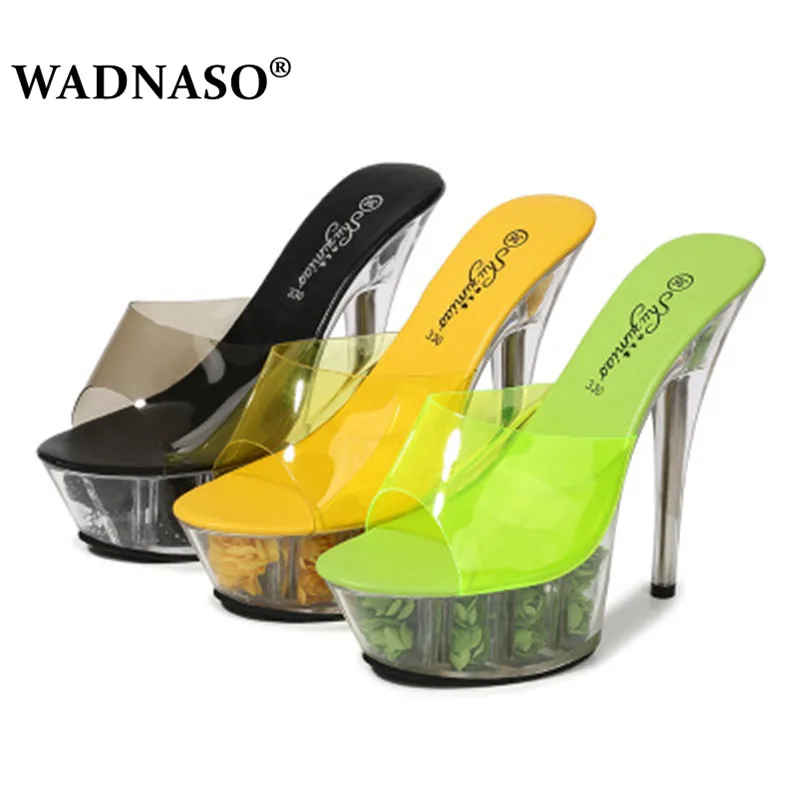 WADNASO/модельная женская обувь для подиума; шлепанцы; Взрывная пикантная обувь на высоком каблуке 15 см с цветочным принтом; босоножки; обувь с украшением в виде кристаллов; женская свадебная обувь