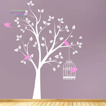 

HugeTree Wall Sticker Home Decor For Kids Rooms Bird Cage Flower Birds Floral Embellish Wall Stickers Vinyl Decal Transfer Art