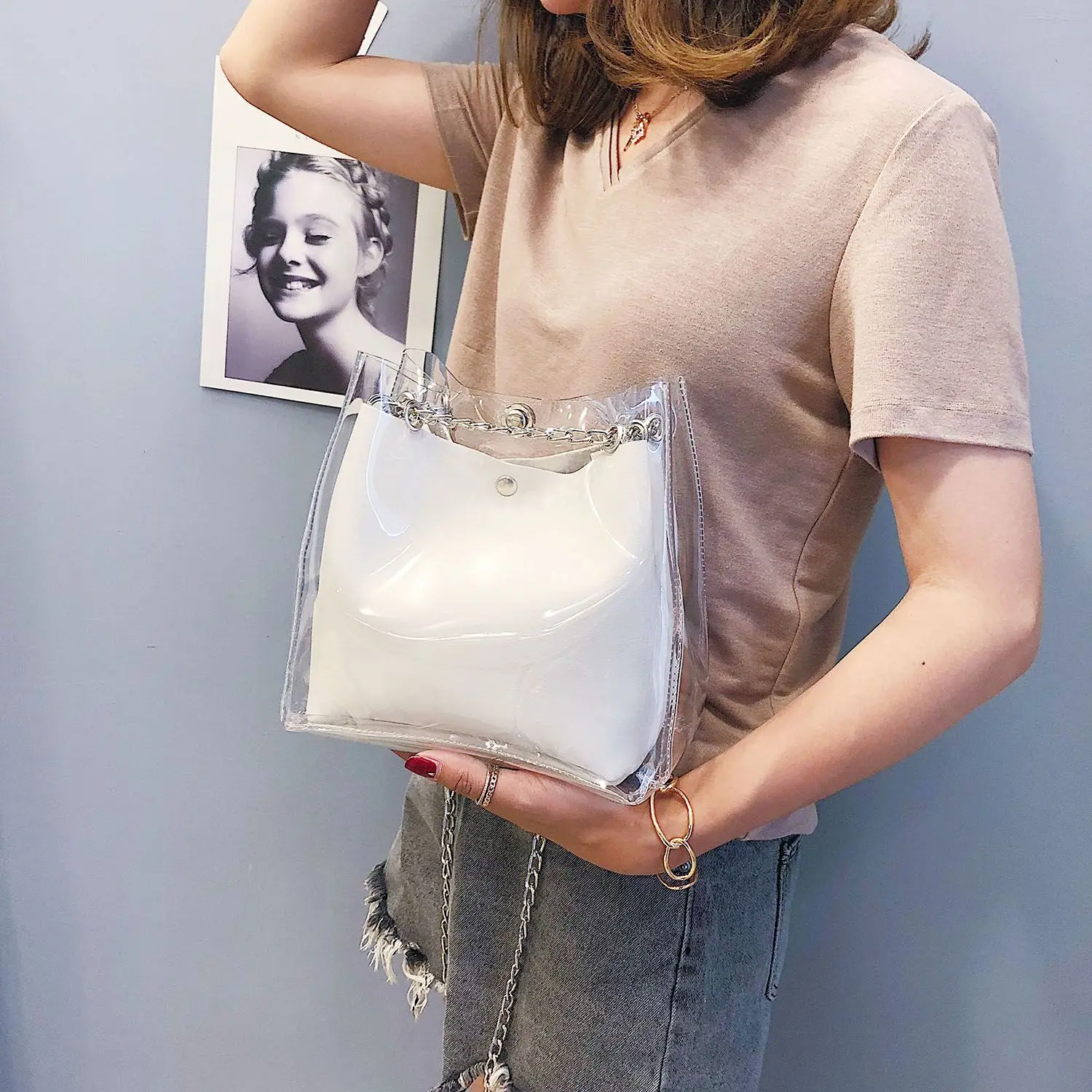 Women Small Bucket Bags Plastic Transparent Totes Composite Chain Bag Female Mini Jelly Handbags White