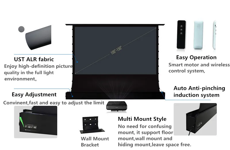 F1ALRUSTH, 16:9 формат моторизованный Электрический ALR напольный поднимающийся проекционный экран для ультра короткого бросок проектора, Усть анти-свет