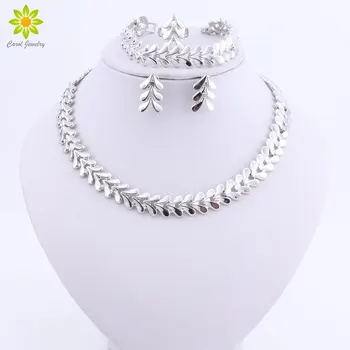 

European Luxury Wedding Party Silver color Jewelry Sets Leaves Necklace Bracelet Earrings Italian Fashion Women Prom Accessories