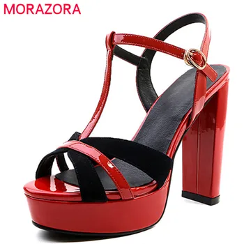 

MORAZORA 2018 hot sale cow patent leather women sandals peep toe summer shoes mixed color party platform shoes high heels shoes