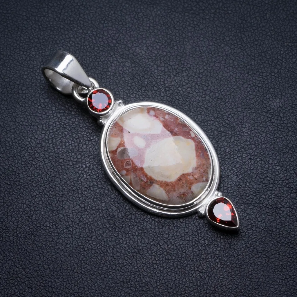 

Natural Ocean Jasper and Garnet Handmade Unique 925 Sterling Silver Pendant 2" X1289