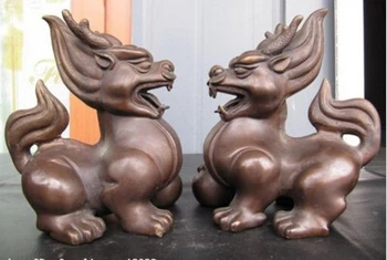 

bi001970 7"Chinese Pure Bronze Palace Feng Shui Evil Door Foo Dog beast kylin Lion Pair