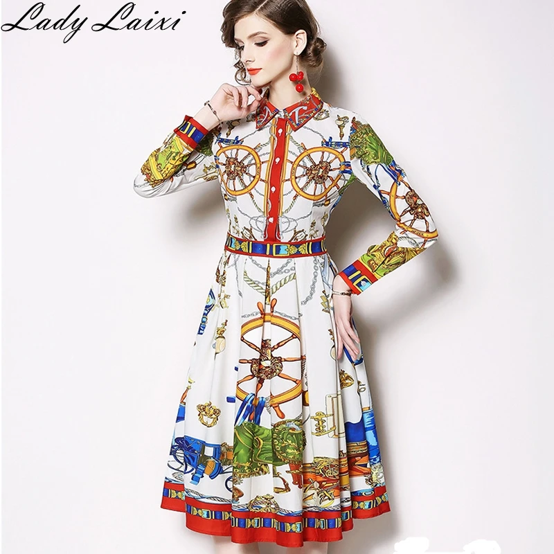 

2019 Spring Women Vintage Floral Print Dress Lady Turn-down Collar Long Sleeve A-line Shirt Dress Work vestido Casual Midi Tunic