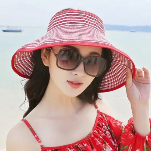 Горячая Распродажа, пляжная шляпа, солнцезащитный козырек, соломенная шляпа, женская летняя Солнцезащитная Складная Большая Солнцезащитная шляпа для девочек - Цвет: Striped  Red