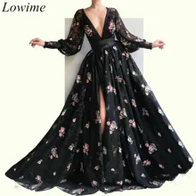 Новое поступление, черные кружевные вечерние платья трапециевидной формы с глубоким v-образным вырезом и длинными рукавами, вечерние платья с аппликацией