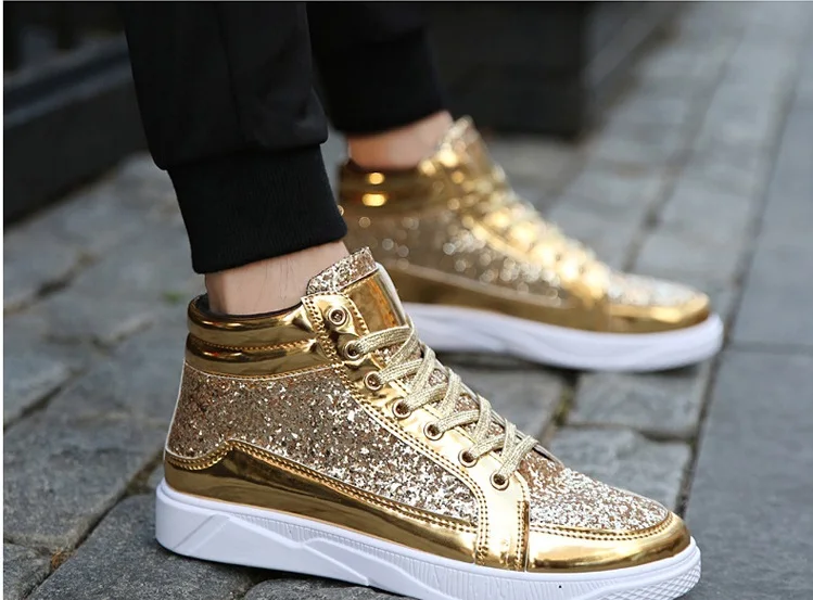 Brand Men Shoes 2018 Fashion Sequined Men Boots Bling Side Zipper High Top Shoes Man Casual Flat dancing street Hip hop Shoes (8)