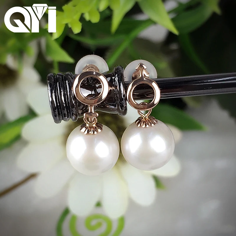 

QYI 18K Yellow Gold Earrings Natural Cultured Freshwater Pearl 8.5-9mm Round Pearl Earrings Jewelry Customizable