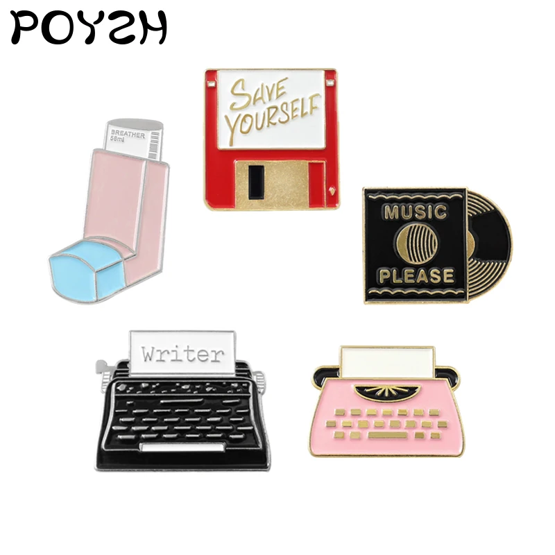 

Brooches for Backpack Clothes Lapel Pin Vintage Black tape record Mechanical typewriter Hard Disk USB Badge Fun Jewelry Gift
