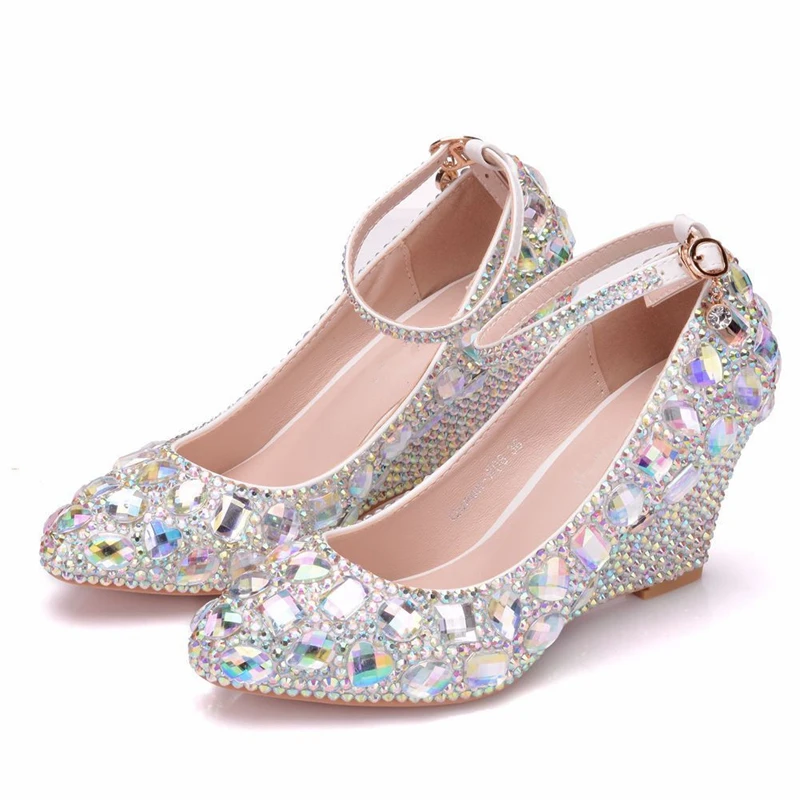 2019 New White Crystal Sexy Women Pumps 8 CM High Heels Wedding Wedges