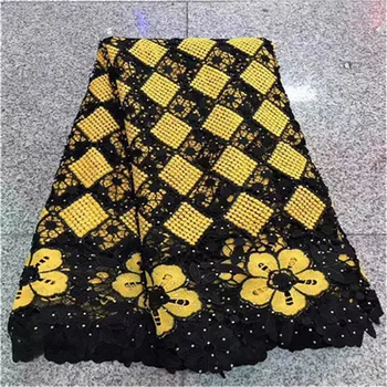

Yellow+black embroidery cord lace African guipure lace fabric with lots of stones high quality Wise choice
