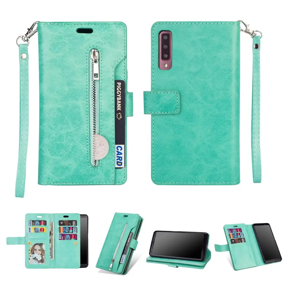 

Luxury Zipper Multi Cards Wallet Leather Case For Samsung Galaxy A50 A70 Flip Cover Stand Holder Wrist Strap