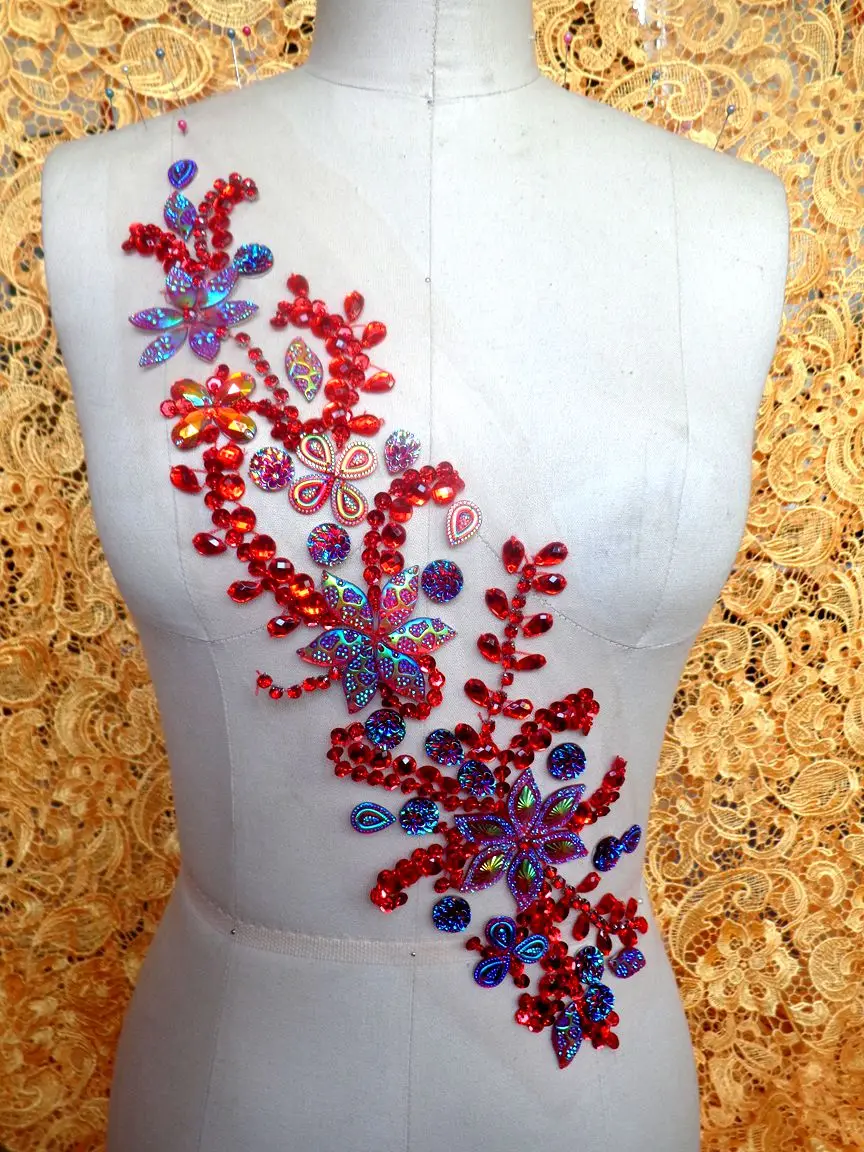 A203 Handmade 42*11cm red sew on Rhinestones applique crystal patches