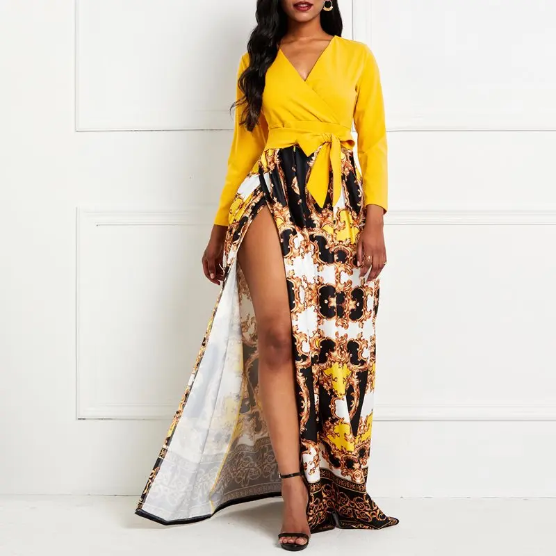 

Autumn African Printed Long Dress Women V Neck Patchwork Split Sexy Lace Up Yellow Fashion 2019 Female Party Casual Maxi Dresses