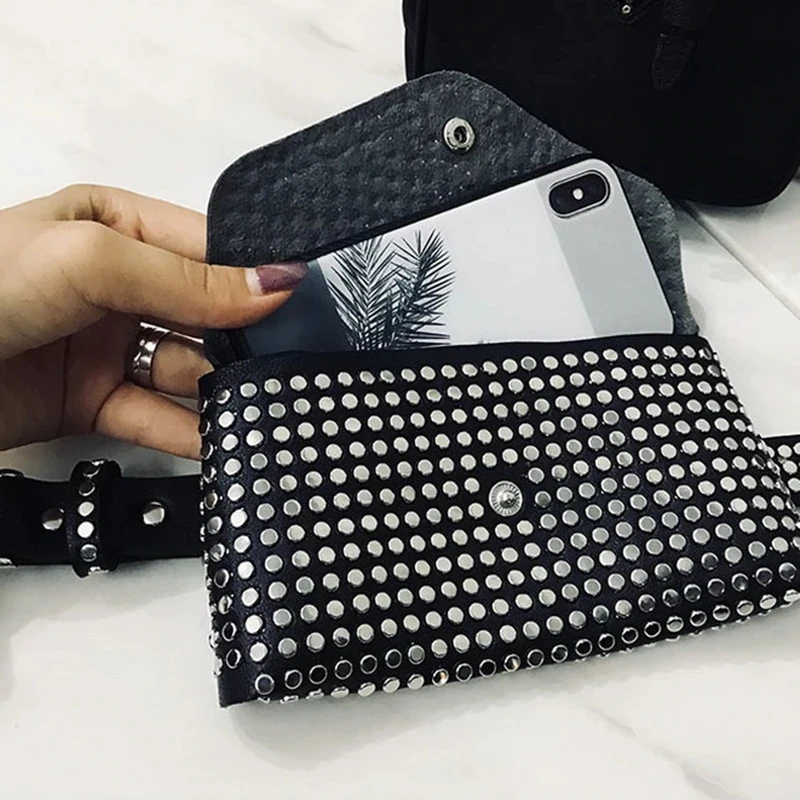 ABDB-модная поясная сумка с заклепками, роскошная дизайнерская поясная сумка, Маленькая женская поясная сумка, чехол для телефона в стиле панк, поясная сумка, кошелек(черный