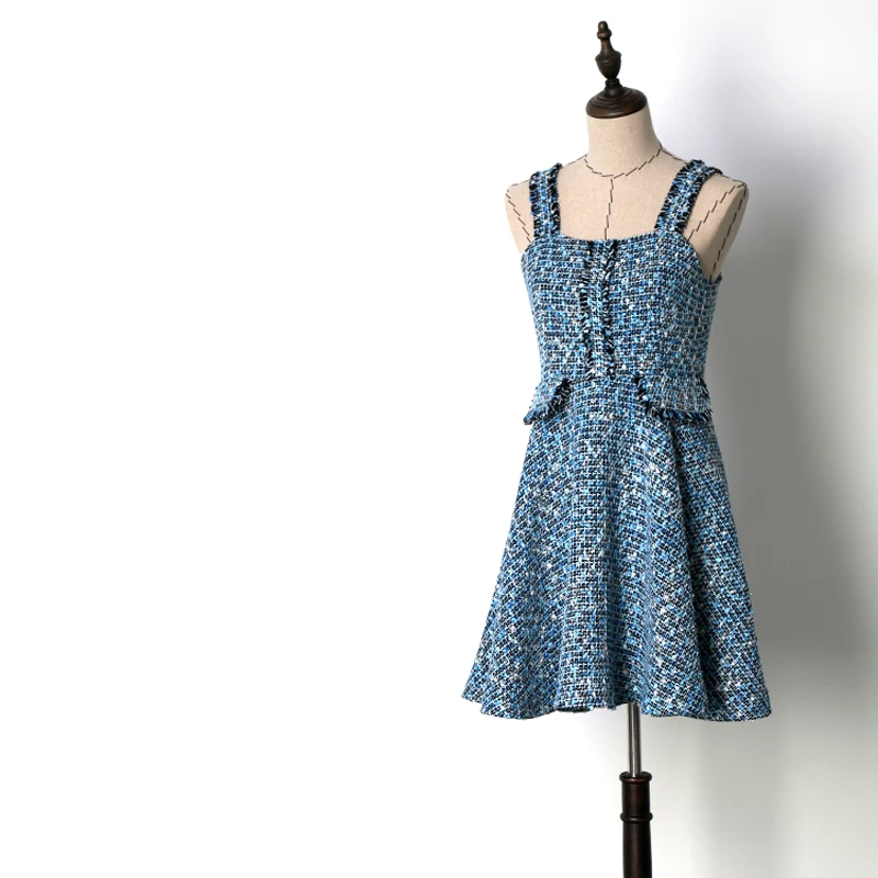 

2018 Spring Autumn Women Tassel Spaghetti Strap Slash Neck Tweed Dresses Girls Sweet Holiday Elegant Ocean Blue Dress JC2482