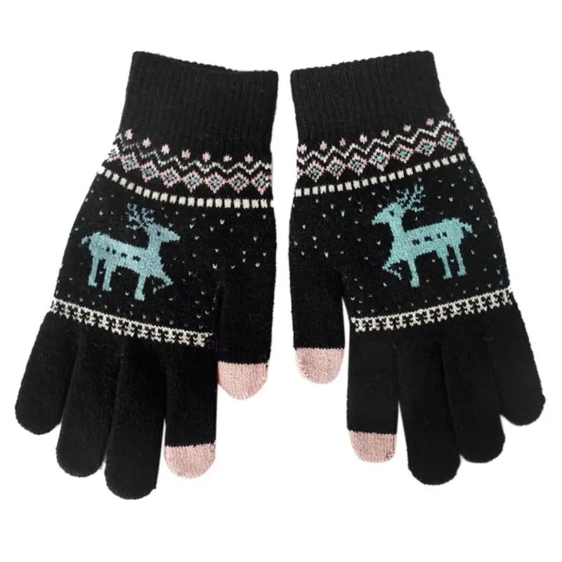 Для женщин девушки зима превосходный сенсорный экран Полный пальцами перчатки утепленные Симпатичные Лось Этническая Геометрическая