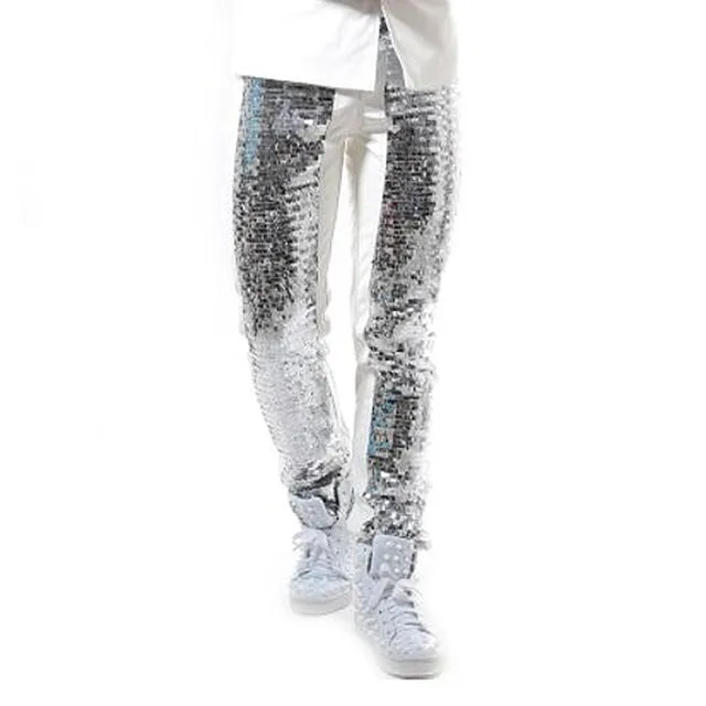 Black Silver Sequins PU Leather Pants 
