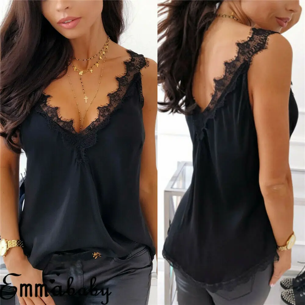 New Sexy Women's Summer Sleeveless Vest Tank Tops Blouse Tee Satin Silk Backless V-Neck Lace Solid Casual Shirts Cami Tops