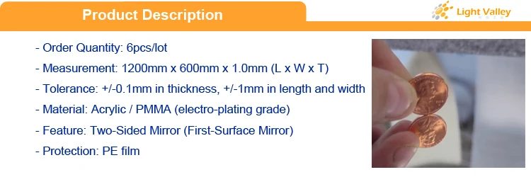 1200 мм x 600 мм x 1,0 мм акриловое волокно(PMMA) Во-первых, для любых поверхностей/лицевой поверхности/2 одностороннее зеркало-6 шт./партия
