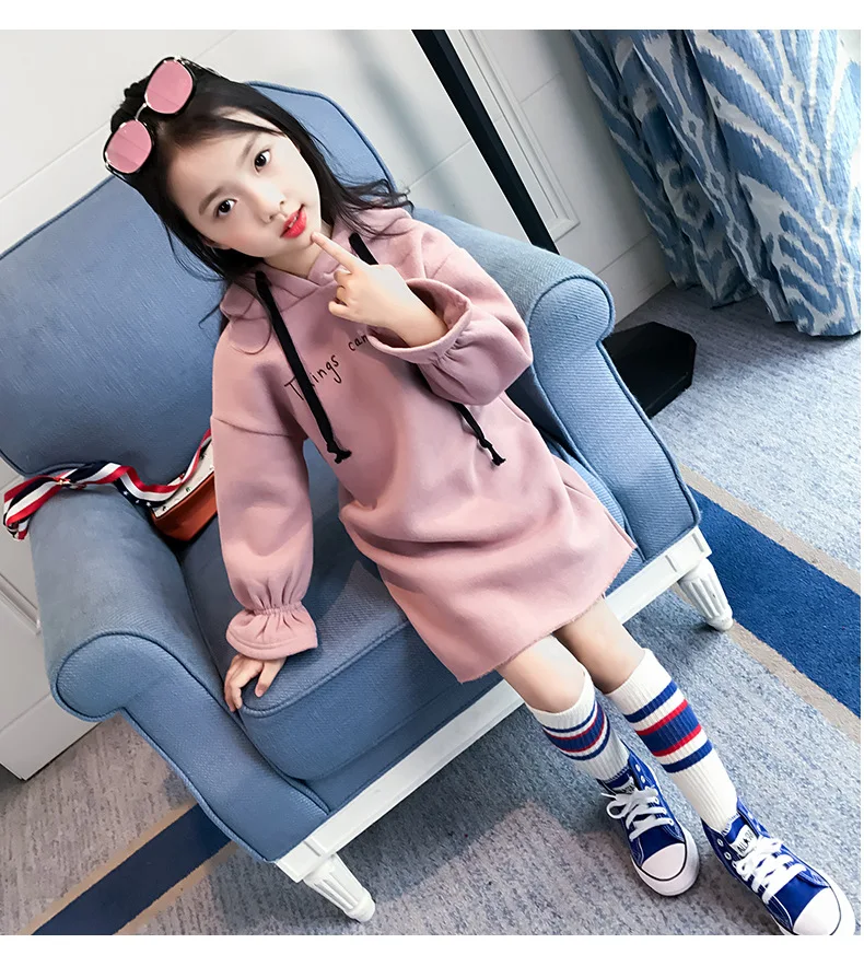 Casual Girls Dresses Winter 2018 Fashion Kids Long Sleeve Teen Dress For Girls Autumn Letter Hooded Children Dresses 7 to 8 Year (6)