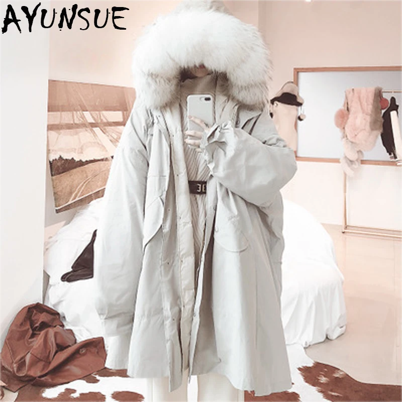 

AYUNSUE New 2019 Wome's Winter Down Jacket Luxury Natural Raccoon Fur Coat Super Qaulity Long Parka Outwear Abrigo Mujer LX2414