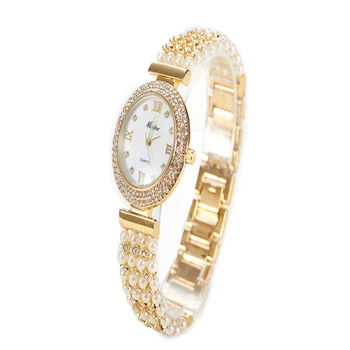 

Luxury Miss Fox Women Watch Fashion Jewelry Pearls Bracelet Female Quartz Watch Gold Beads Stainless Steel Case Mesh Wristwatch