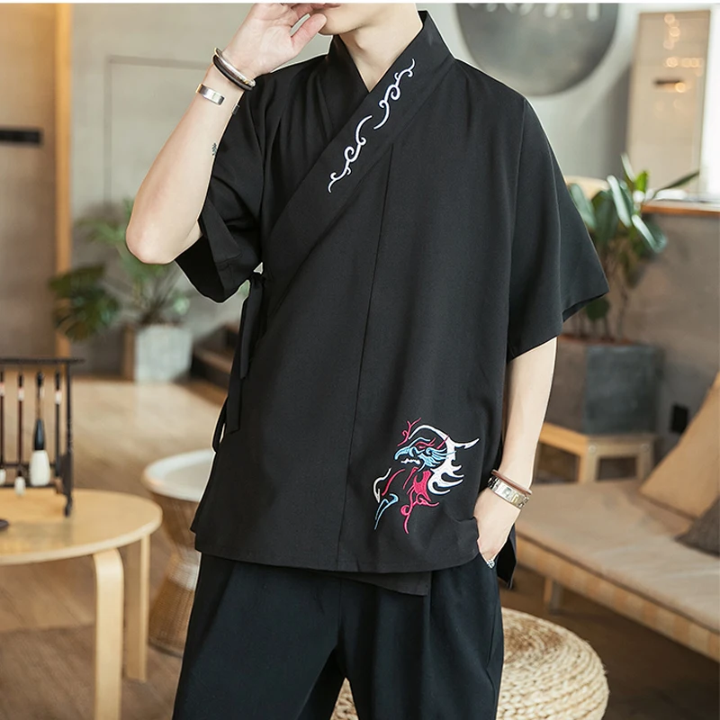 

2019 Chinese Style Shirts Men Summer Casual Vintage Mens Shirts Fashion Print Male Cotton Linen Male Clothing